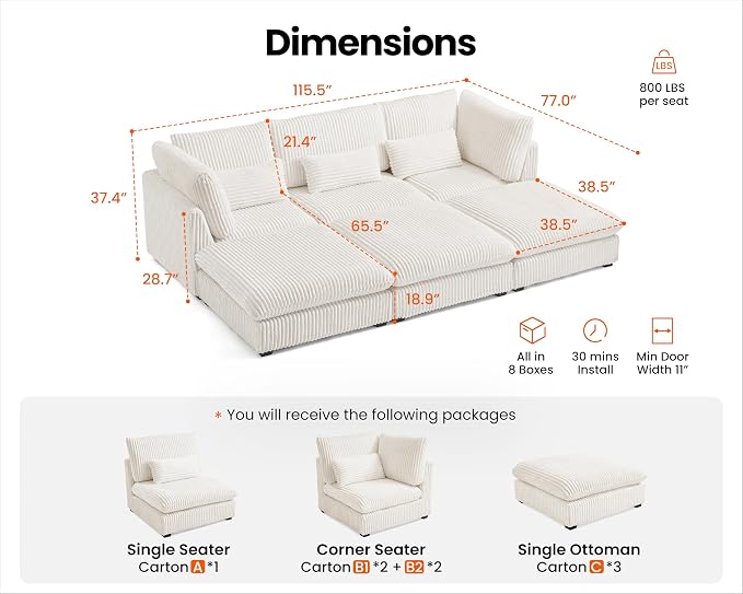 115" Oversized Corduroy Couch Modular Sectional Sofa, Washable Cloud Couch - Image 2