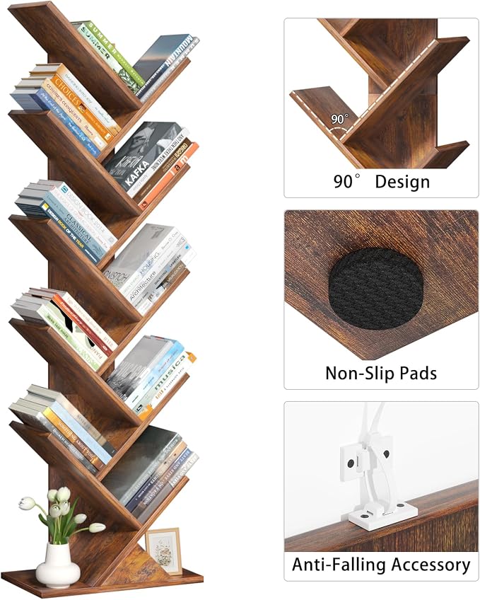 SHEEPAM 10 Tier Tree Book Shelf, Floor Standing Wood Bookshelf - Image 7