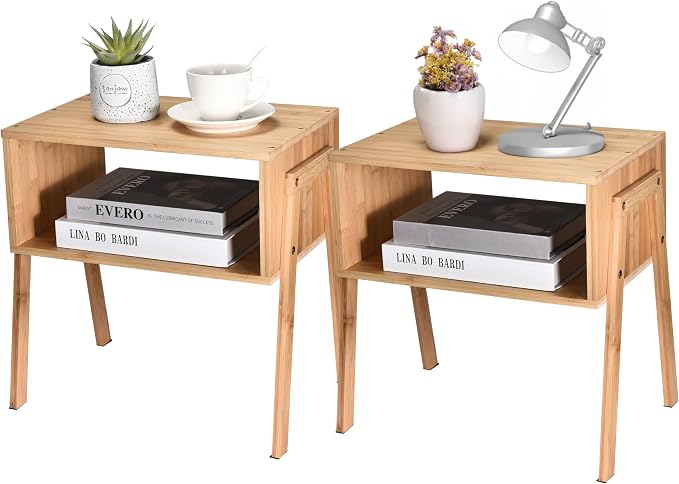 Vdomus Bamboo Stackable Nightstand Set of 2- Natural Wood Matching Side Table by Vdomus