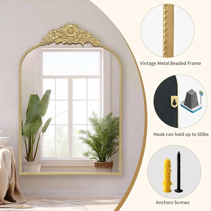 Arch Antique Gold Mirror, 24x36inch Baroque Style Vintage Metal Frame Wall - Image 3