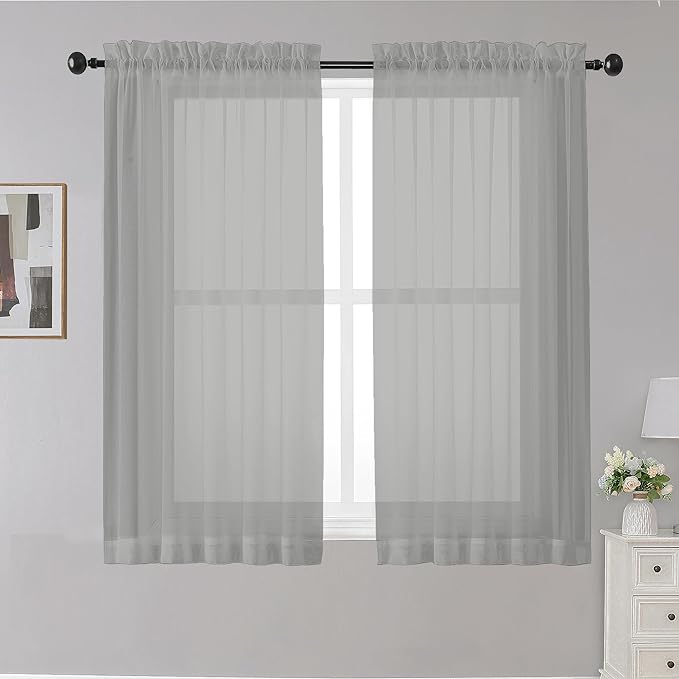 Sheer Curtains Grey 45 Inches Long, Light Filtering Tiers by OWENIE