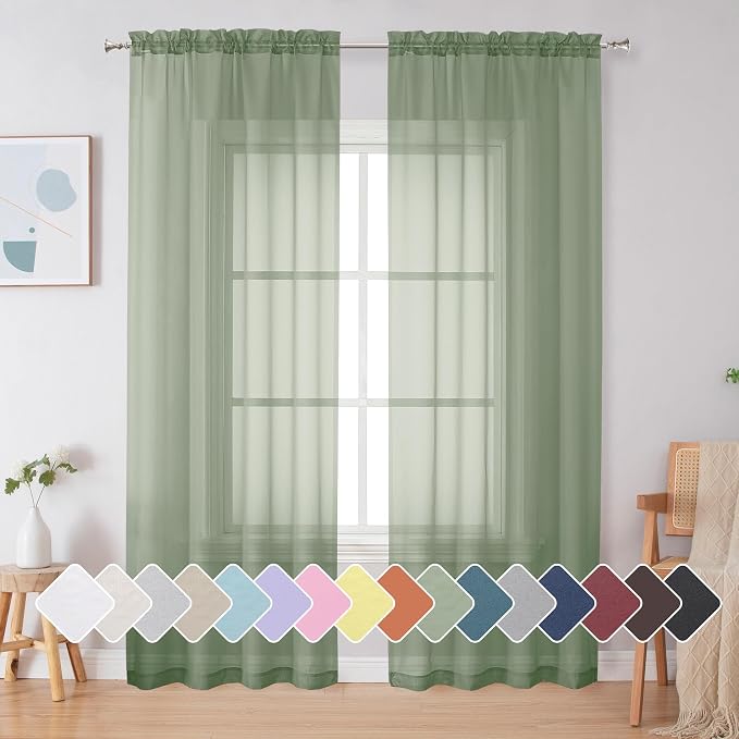 Simplebrand Sage Sheer Curtains 84 Inches Long, Light Filtering Rod Pocket by Simplebrand