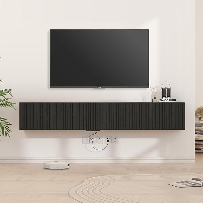 71” Floating TV Stand with LED Lights & Charging Station, Floating Media by EAZEHOME