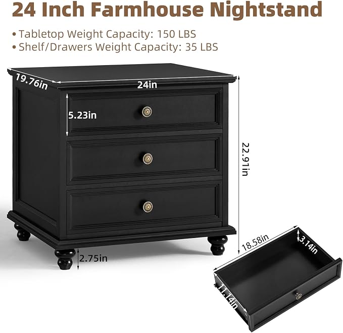 Joaxswe 24" Wide Farmhouse Night Stand Set of 2, Large End Table - Image 3