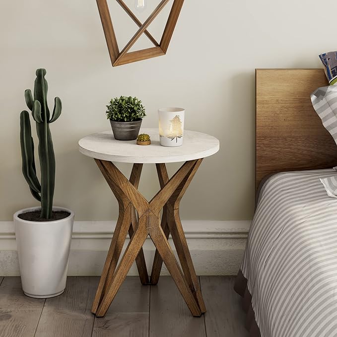 Pedestal Farmhouse End Table, Distressed Top by LONYKE