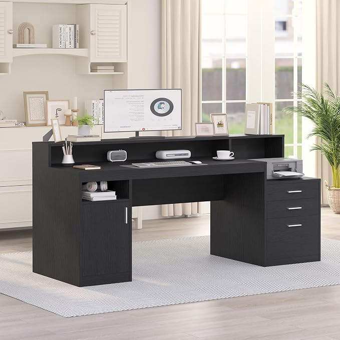 YOMILUVE Computer Desk with 3 Drawer & Storage Shelves, Home Office Desk with - Image 8