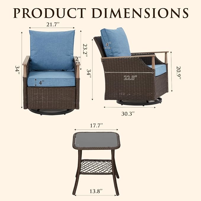 HOMREST 3 Piece Outdoor Swivel Chair Set, Wicker Patio Bistro Set - Image 2