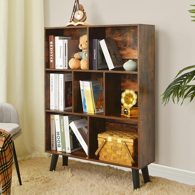 LEYAOYAO Cube Bookshelf 3 Tier Mid-Century Rustic Brown Modern Bookcase - Image 9