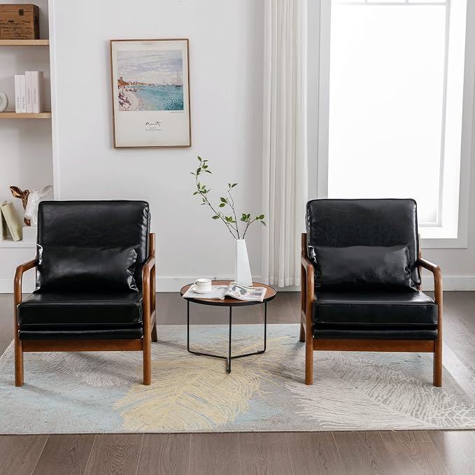 Mid Century Modern Accent Chairs Set of 2 Living Room- Comfy Wood Arm Chair - Image 4