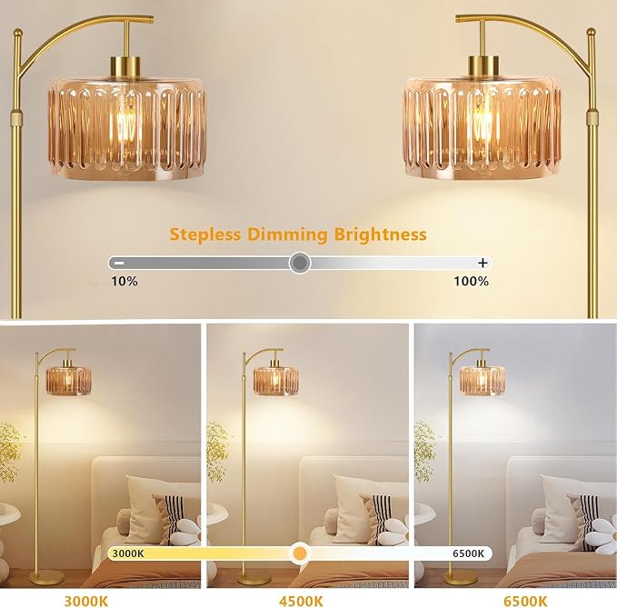 ILLMTW Glass Floor Lamp for Living Room, Dimmable Brass Tall Lamp Amber Flower - Image 2