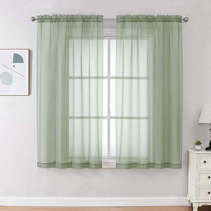 Light Green Sheer Curtains 63 inch Length 2 Panels Set by OVZME