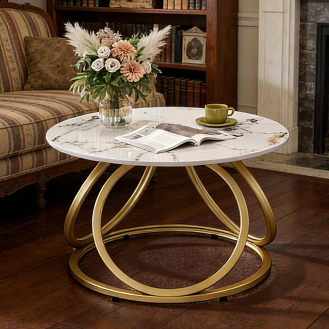 O&K FURNITURE Modern Gold Coffee Table, Faux Marble Pattern Center Table by OKFURNITURE