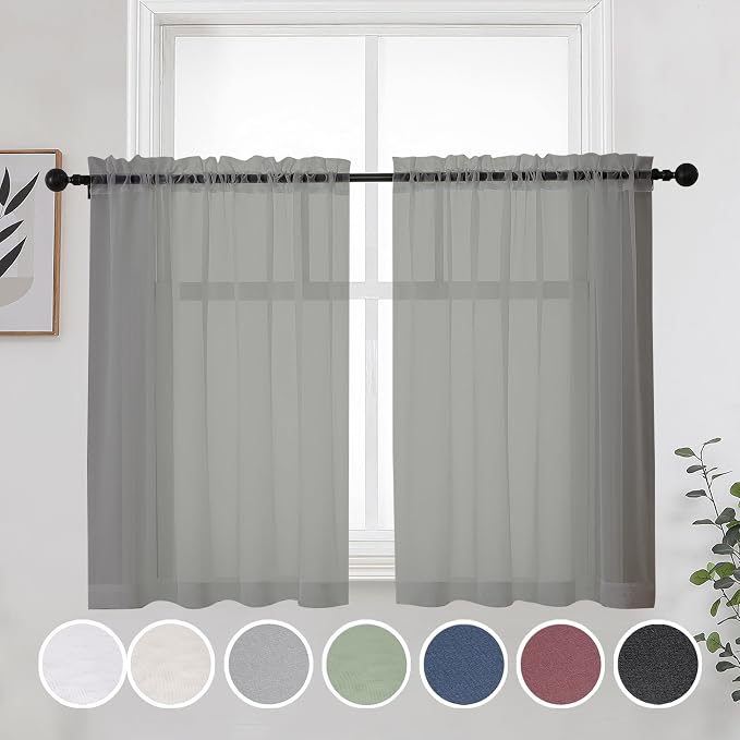 Short Sheer Curtains 30 Inches 2 Panels Set, Kitchen Tiers Light Filtering Rod by OWENIE