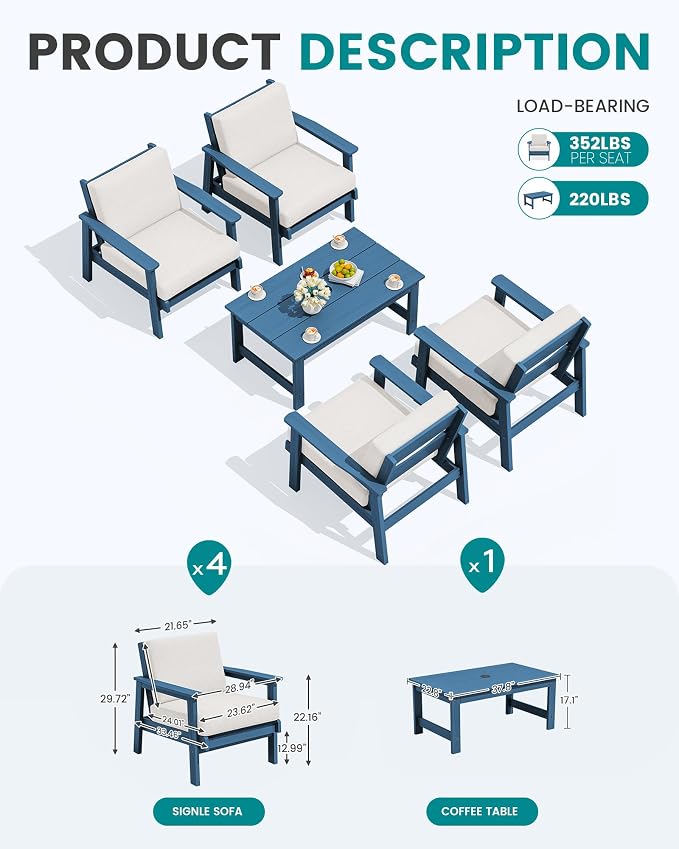 SERWALL Outdoor Patio Furniture Set, 5 Piece HDPE Patio Conversation Sets - Image 2