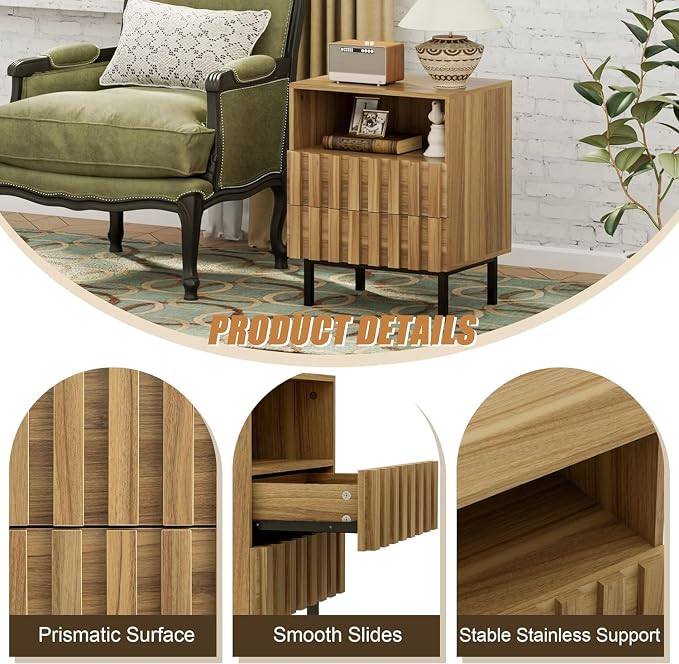 UEV Mid Century Modern Fluted Nightstand Set of 2, 2 Drawers End Table - Image 4