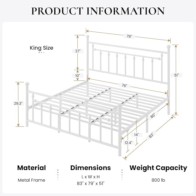 SHA CERLIN 14" King Size Metal Platform Bed Frame/Victorian Headboard and - Image 2