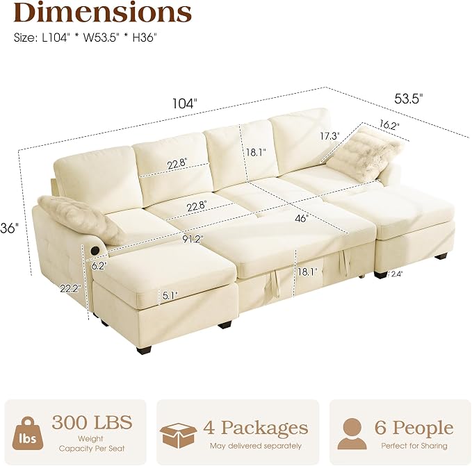 Ihanherry L-Shaped Sectional Sofa Bed, 6-Seater Convertible Pull Out Sleeper - Image 2
