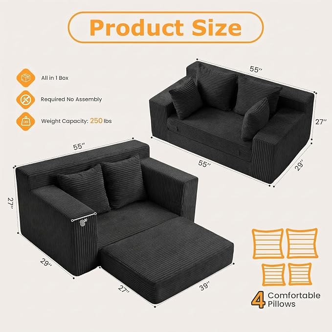 55" Small Boneless Couch, 3-in-1 Boneless Loveseat Sleeper Sofa Bed Convertible - Image 2
