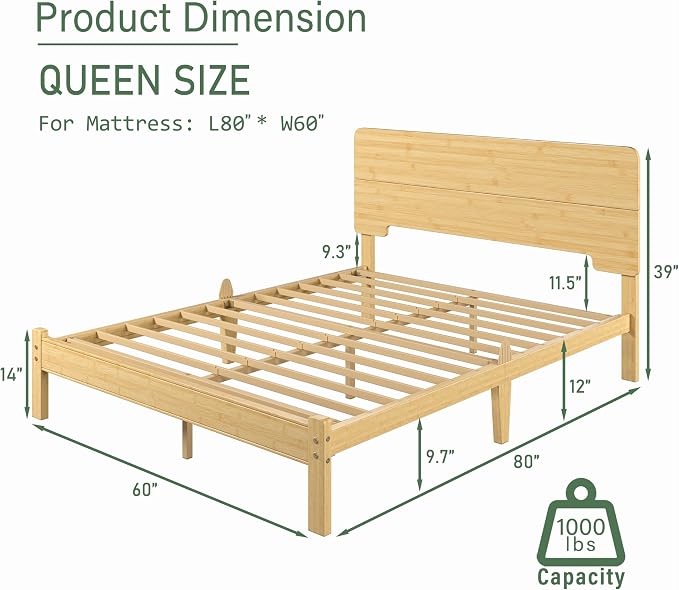 BOSRII 12in High Solid Bamboo Wood Platform Queen Size Bed Frame - Image 2