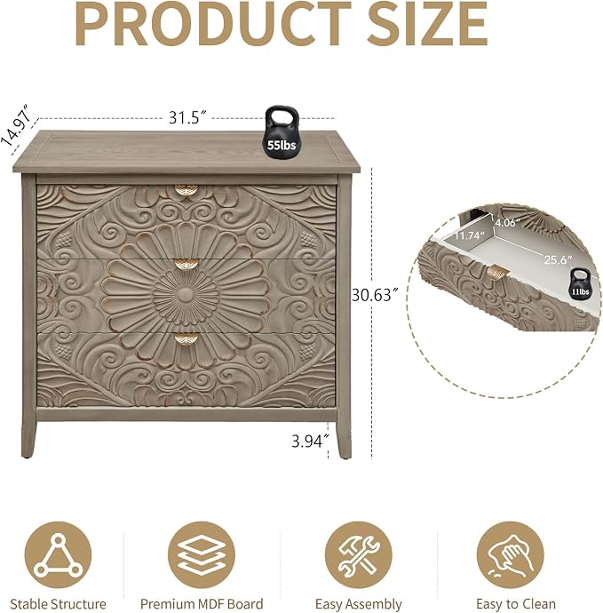 3 Drawer Nightstand, 30 in Tall Accent Storage Cabinet - Image 2