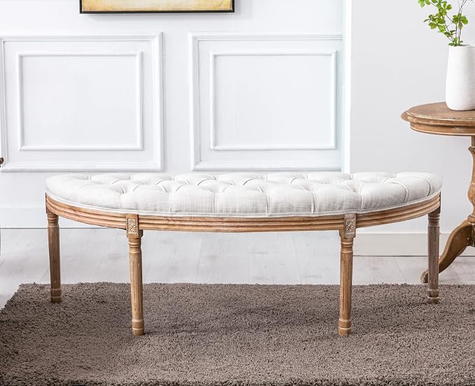 Kmax 55" Upholstered Bench Tufted Fabric Bench Vintage Semi-Circle Entryway - Image 7