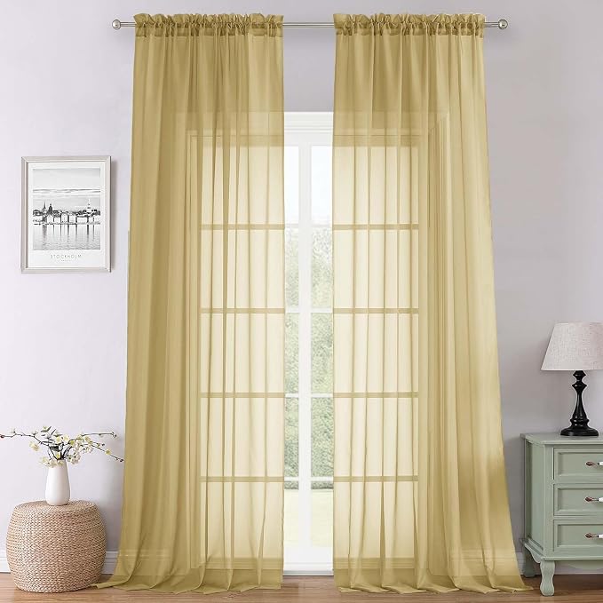 Gold Sheer Curtains 108 Inches Long 2 Panels, Dual Rod Pocket Light Filtering by Lecloud