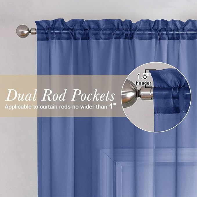 Royal Blue Sheer Curtains 36 Inch Length 2 Panels, Solid Voile Cafe Kitchen - Image 2