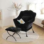Lazy Chair with Ottoman, Large Black Accent Chair with Ottoman and FA Throw - Image 2