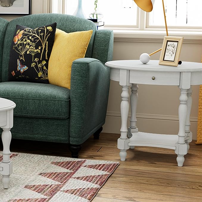 Solid Wood Oval End Table with Drawer and Storage Shelf, Antique White - Image 3
