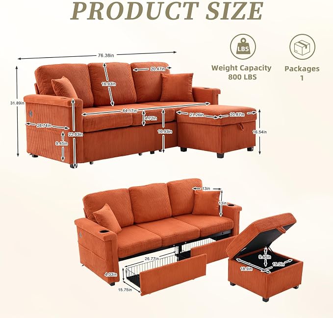 L-Shaped Sectional Sofa with Storage & Movable Ottoman, Corduroy 3 Seater - Image 2