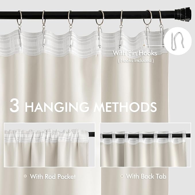 MIULEE Ivory Back Tab Blackout Curtains 52x84 Inch Length 2 Panels Set | Rod - Image 3