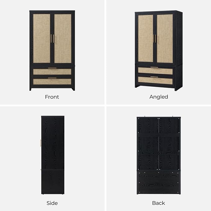 SICOTAS Rattan Armoire Wardrobe Closet Cabinet, 2 Drawers and Hanging Rod - Image 9