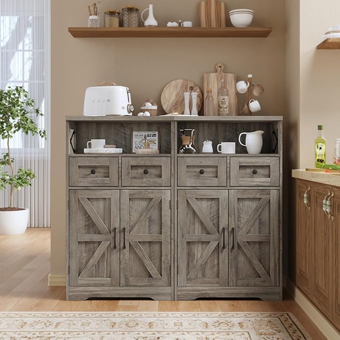Farmhouse Storage Cabinet with Barn Doors and Open Shelf, Kitchen Pantry with - Image 5