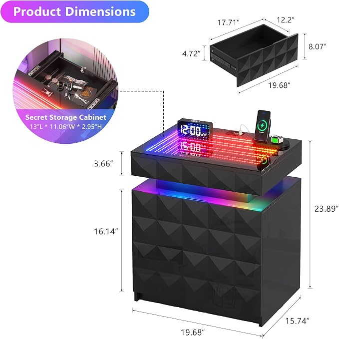 HWB Nightstand with RGB Lights, 3 Drawers Night Stand with Hidden Storage - Image 2