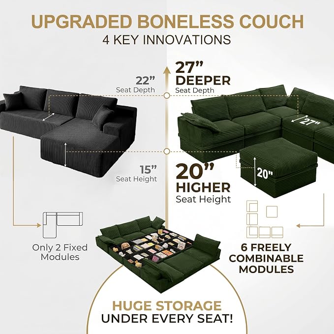 Upgrade Boneless Couch with Storage, Extra Deep&High Seat Modular Sectional - Image 6