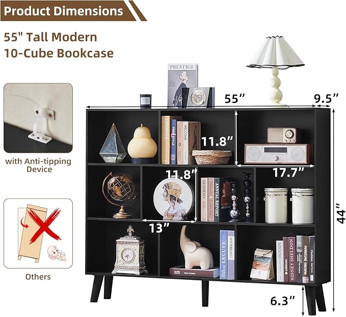 LEYAOYAO 10 Cube Bookshelf, 3 Tier Vintage 55" Wide Bookcase - Image 2
