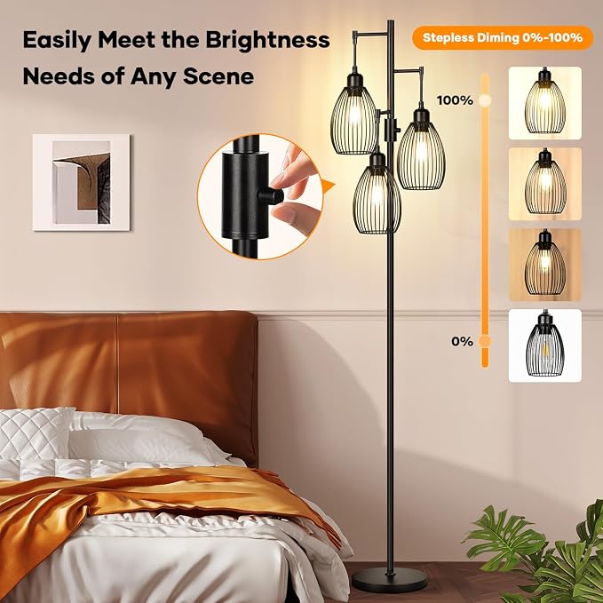 Dimmable Floor Lamp, 3 x 800LM LED Edison Bulbs Included, Farmhouse Industrial - Image 3