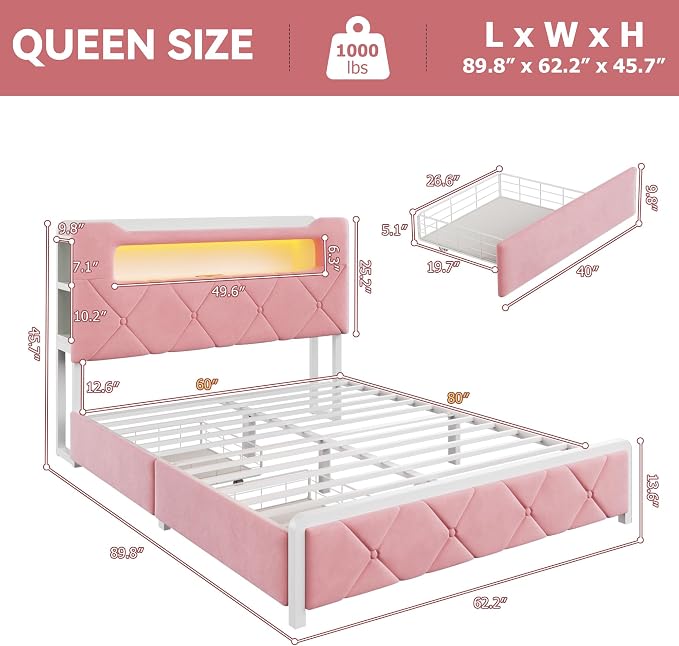 Queen Upholstered LED Bed Frame - Image 2