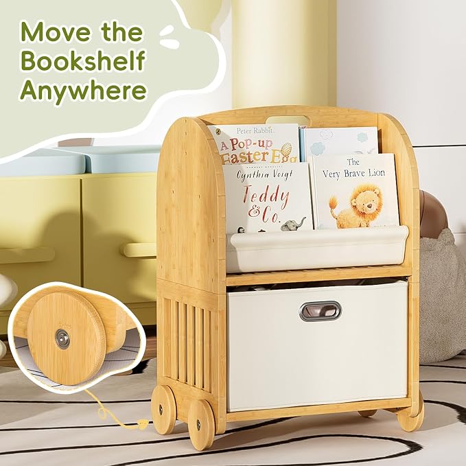2-Sided, 3-Tier Bamboo Kids Bookshelf, Montessori Shelf - Image 5