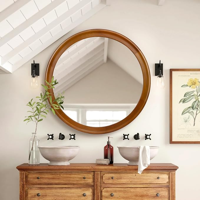 Round Wood Mirror for Wall, 36 Inch Circle Decorative Mirror - Image 4