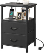Fixwal Black Night Stand with Charger Station, Nightstand with Charging Station by Fixwal