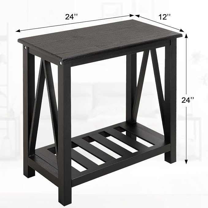 Narrow Side Table with Storage Shelf 2 Tier Wooden Nightstand Bedside Tables - Image 3