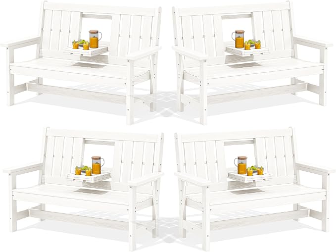 SERWALL Outdoor Bench with Cup Holder, Oversized 58" HDPE Porch Bench Suitable by SERWALL