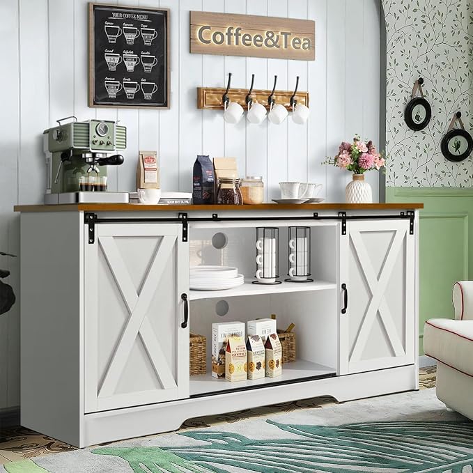 4 EVER WINNER Farmhouse Coffee Bar Cabinet, Kitchen Storage Cabinet, Coffee by 4EVERWINNER