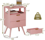 JOONEE Pink Nightstand with Charging Station and LED Lights, Modern Bedside - Image 2