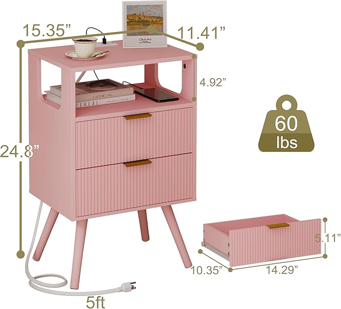 JOONEE Pink Nightstand with Charging Station and LED Lights, Modern Bedside - Image 2