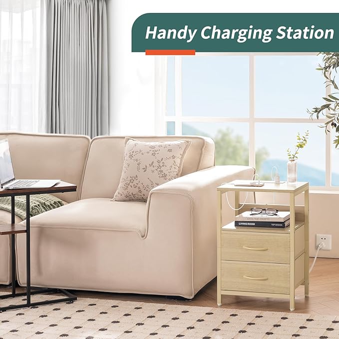 Yoobure Nightstand with Charging Station, Small Night Stand with Fabric Drawers - Image 4