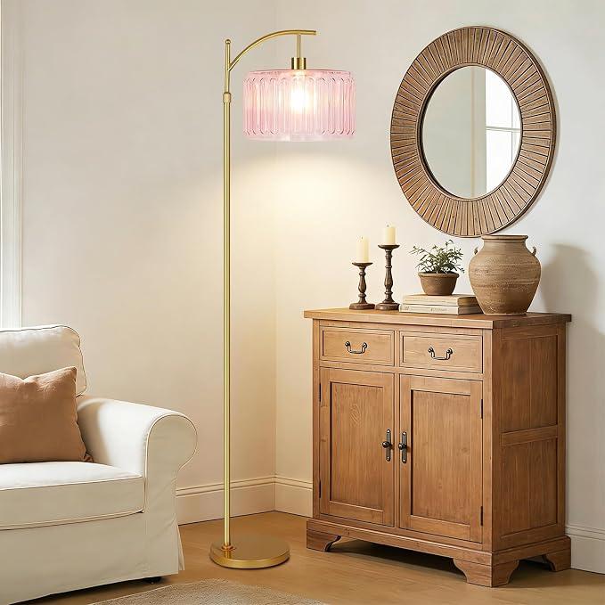 QIYIZM Pink Floor Lamp for Living Room, Mid Century Modern Brass Tall Lamp Boho - Image 3