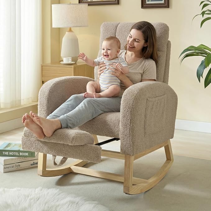 NIOIIKIT Modern Nursery Rocking Chair, Teddy Upholstered Rocking Chair - Image 3
