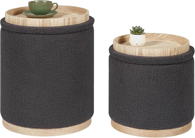 PINPLUS Round Ottoman with Storage Set of 2, Storage Ottoman with Tray by PINPLUS